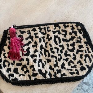 Anthropologie Black and White Beaded Clutch with Pink Tassel